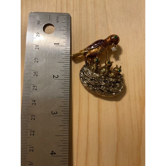Vintage Bird & Nest Brooch Pin With Sparkling Gemstones - Picture 5 of 5